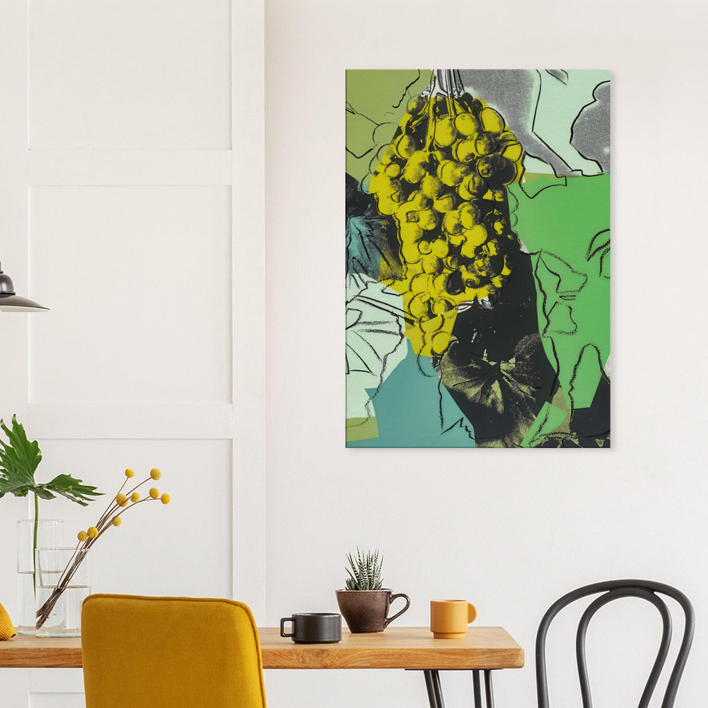 Andy Warhol canvas print depicting rounded grape forms and flowing stems provide a decorative rhythm, while the composition feels more graphic than naturalistic