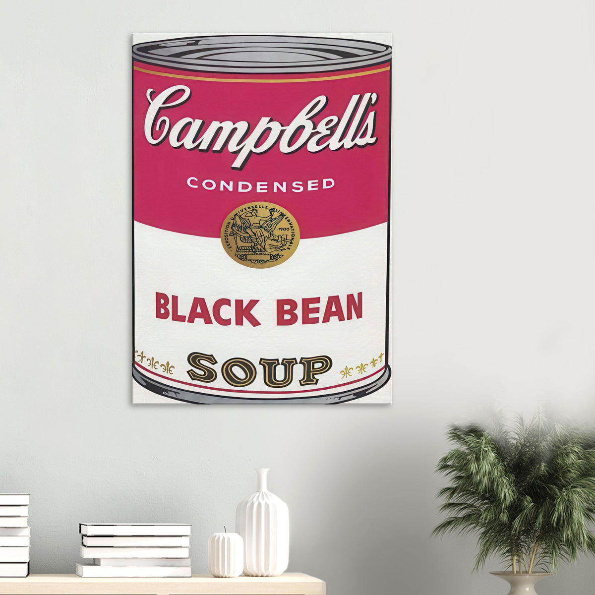 Andy Warhol canvas print depicting the instantly legible soup-can silhouette, packaging lettering and product name create a highly recognizable commercial composition