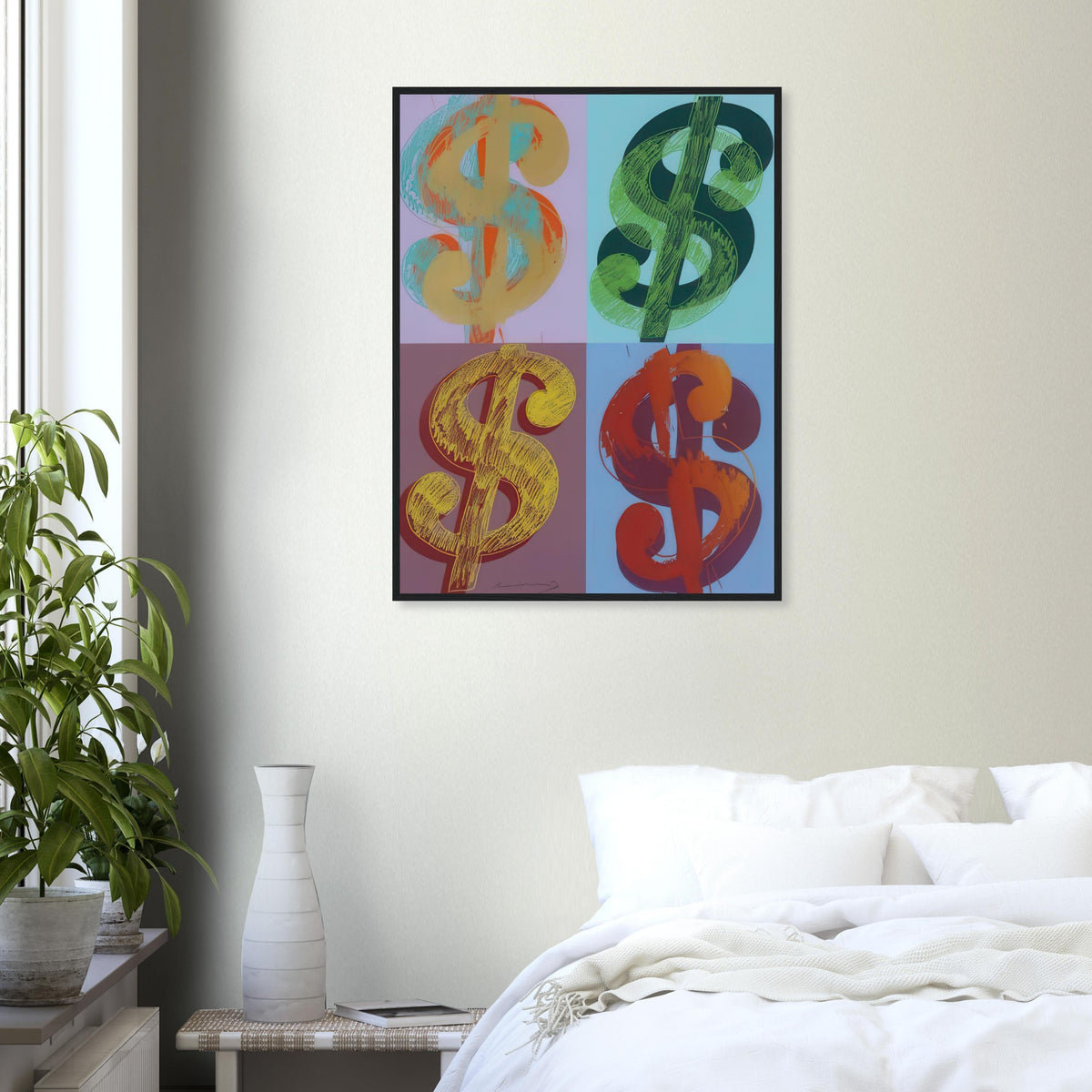 Andy Warhol framed print depicting the repeated or isolated currency mark operates like a logo: simple, recognizable and assertive