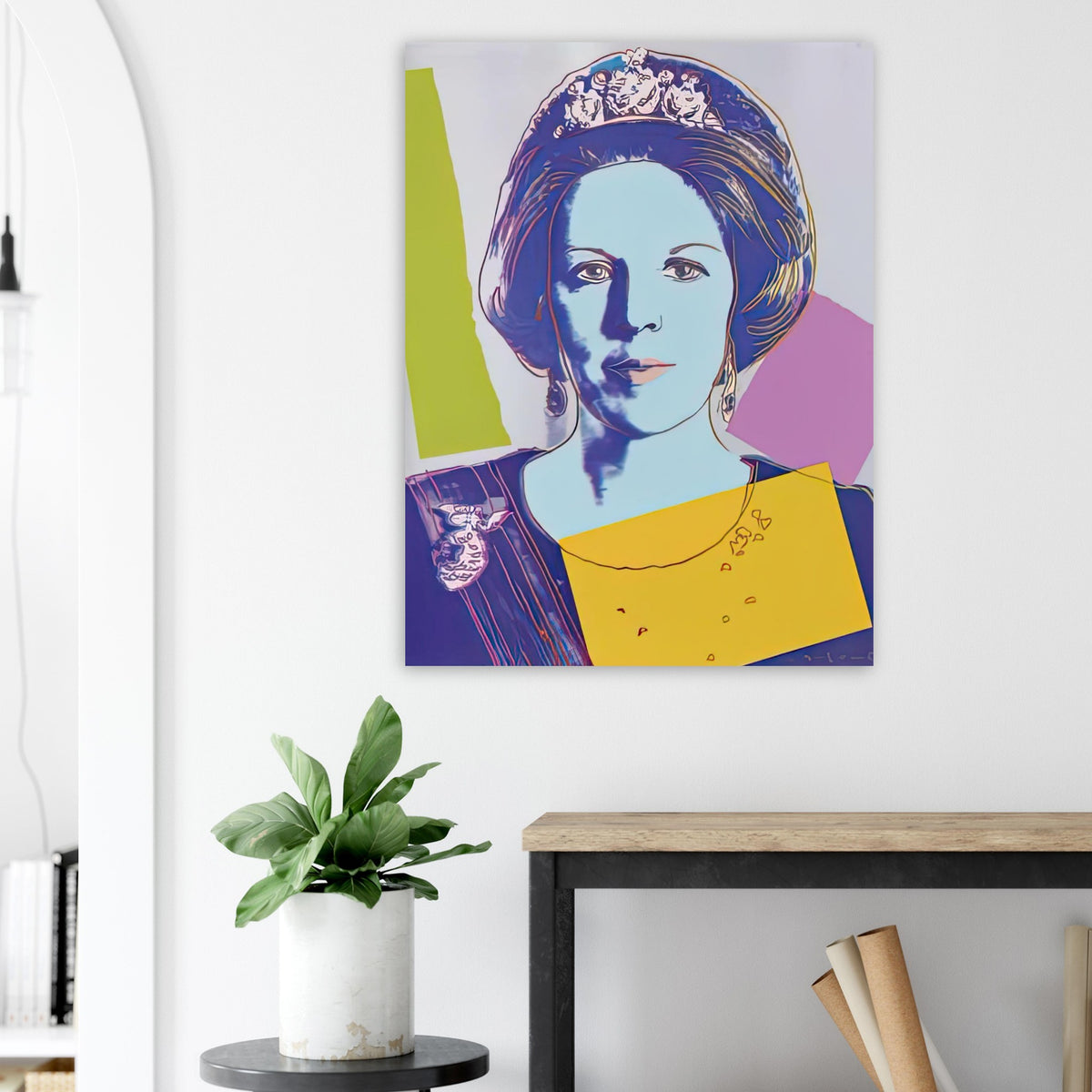 Andy Warhol poster depicting the recognizable royal portrait becomes a strong graphic focal point