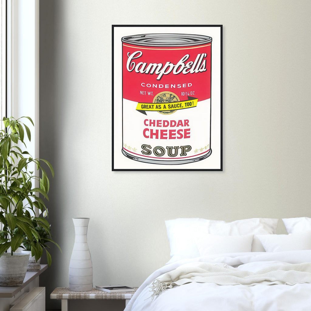 Andy Warhol framed print depicting the instantly legible soup-can silhouette, packaging lettering and product name create a highly recognizable commercial composition