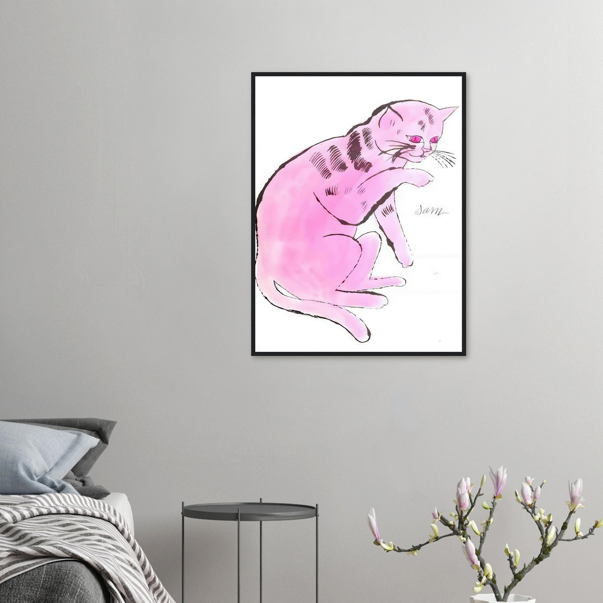 Andy Warhol framed print depicting a spare contour drawing gives the animal its personality, while uncomplicated forms keep the focus on the cat’s outline and pose