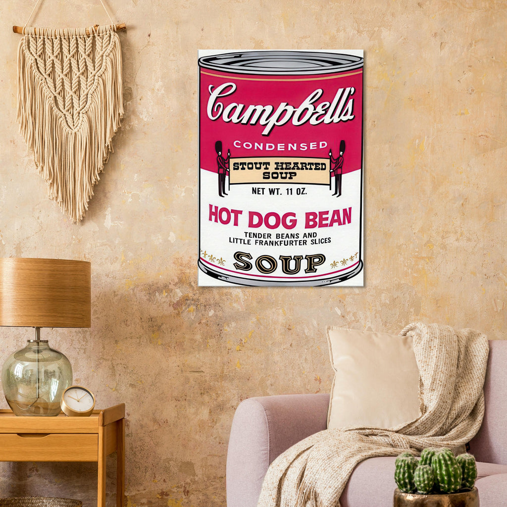 Andy Warhol canvas print depicting the instantly legible soup-can silhouette, packaging lettering and product name create a highly recognizable commercial composition