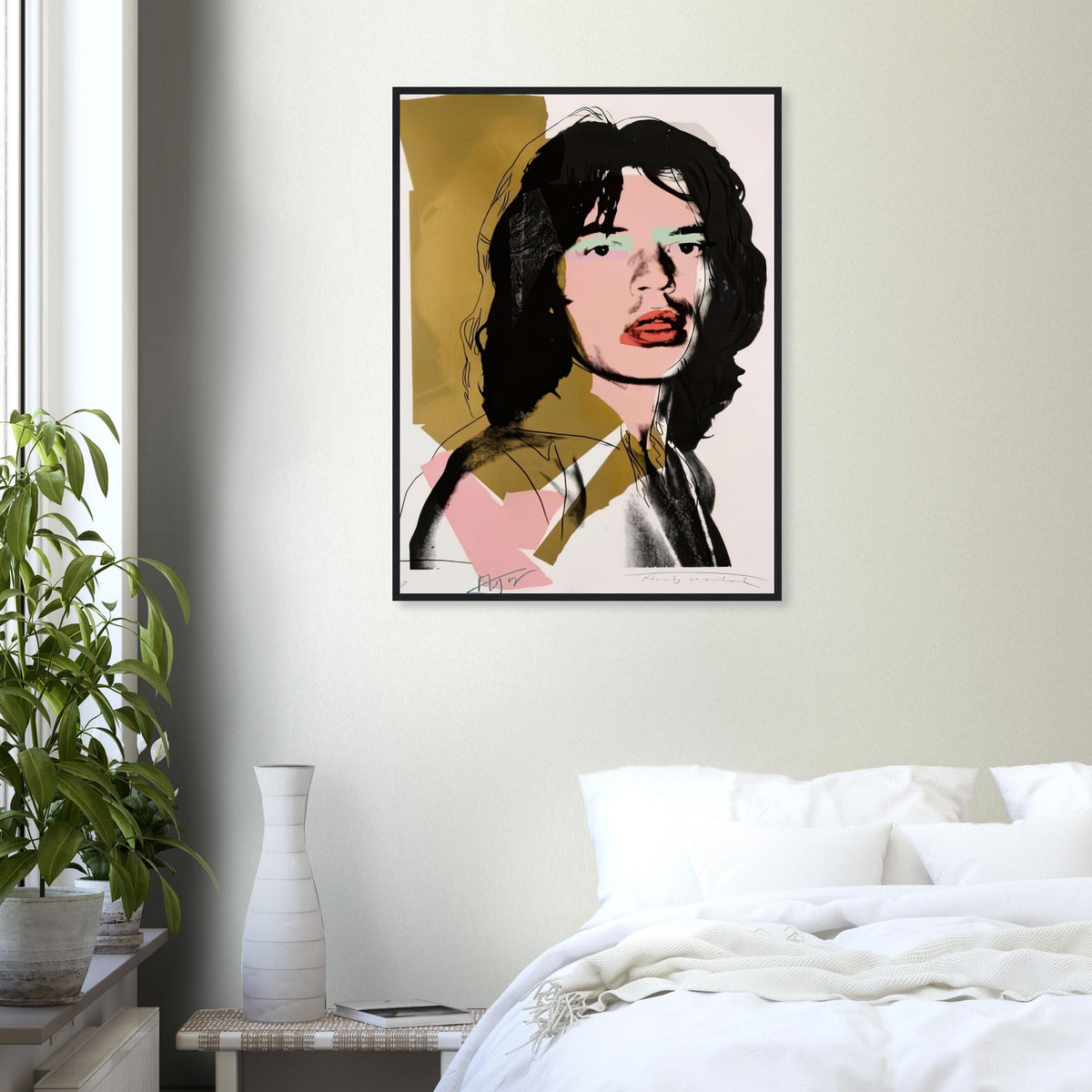 Andy Warhol framed print depicting photographic tones are interrupted by hand-drawn contours, selective colour blocks and cropped facial and bodily details; Warhol’s ten Mick Jagger portraits followed a long friendship with the Rolling Stones singer, including