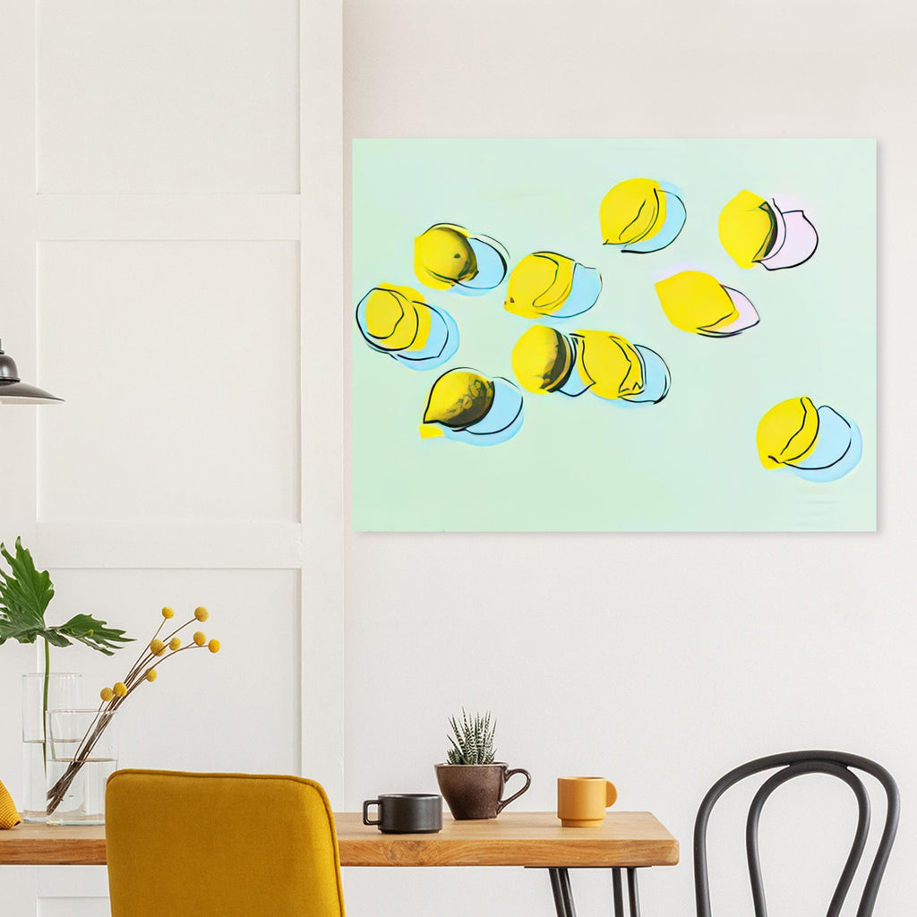 Andy Warhol poster depicting rounded fruit forms, expressive edges and the recognizable shapes of lemons, a detail that connects the composition to its broader artistic subject