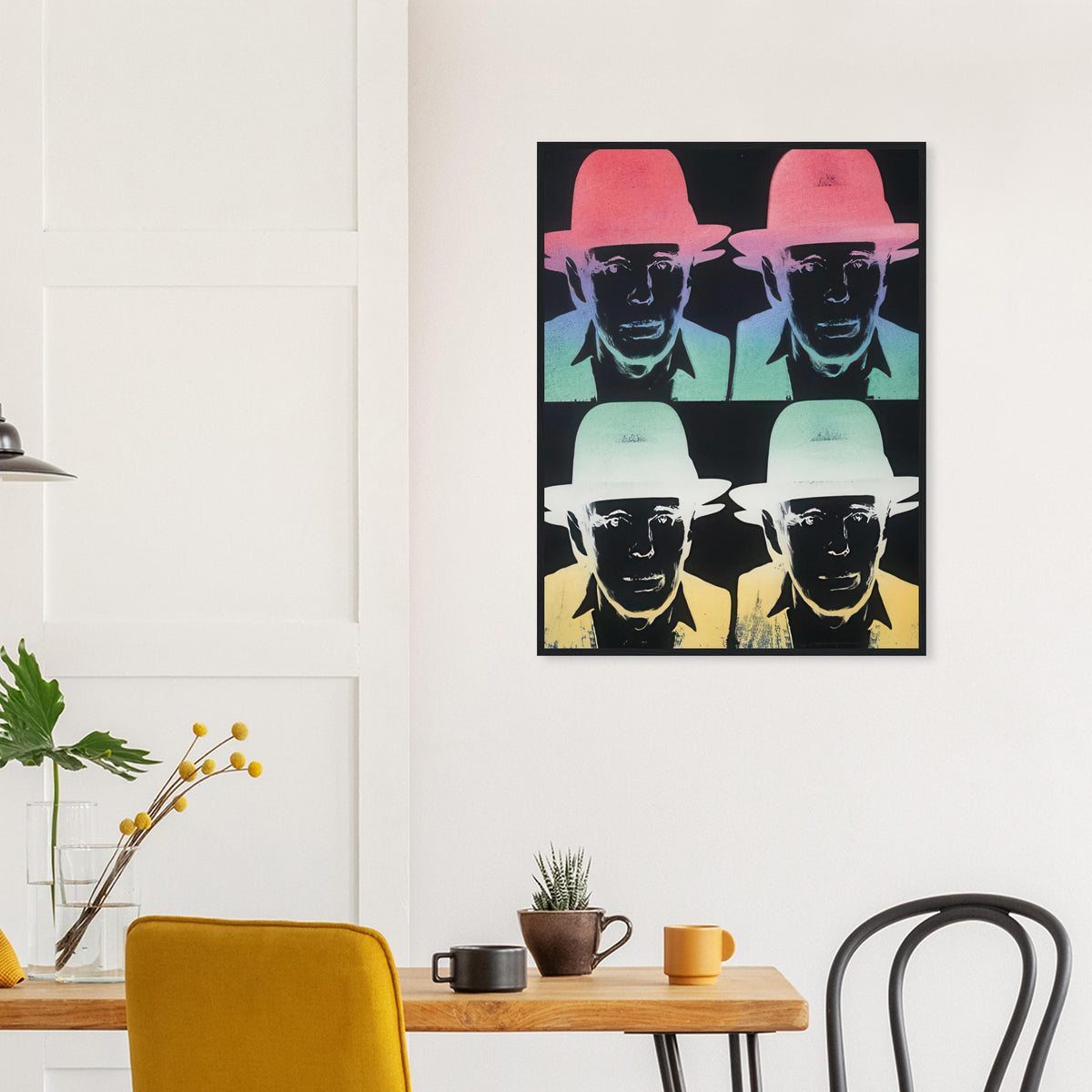 Andy Warhol framed print depicting beuys faces the viewer wearing his characteristic brimmed felt hat; Warhol portrayed fellow artist Joseph Beuys after photographing him in 1979