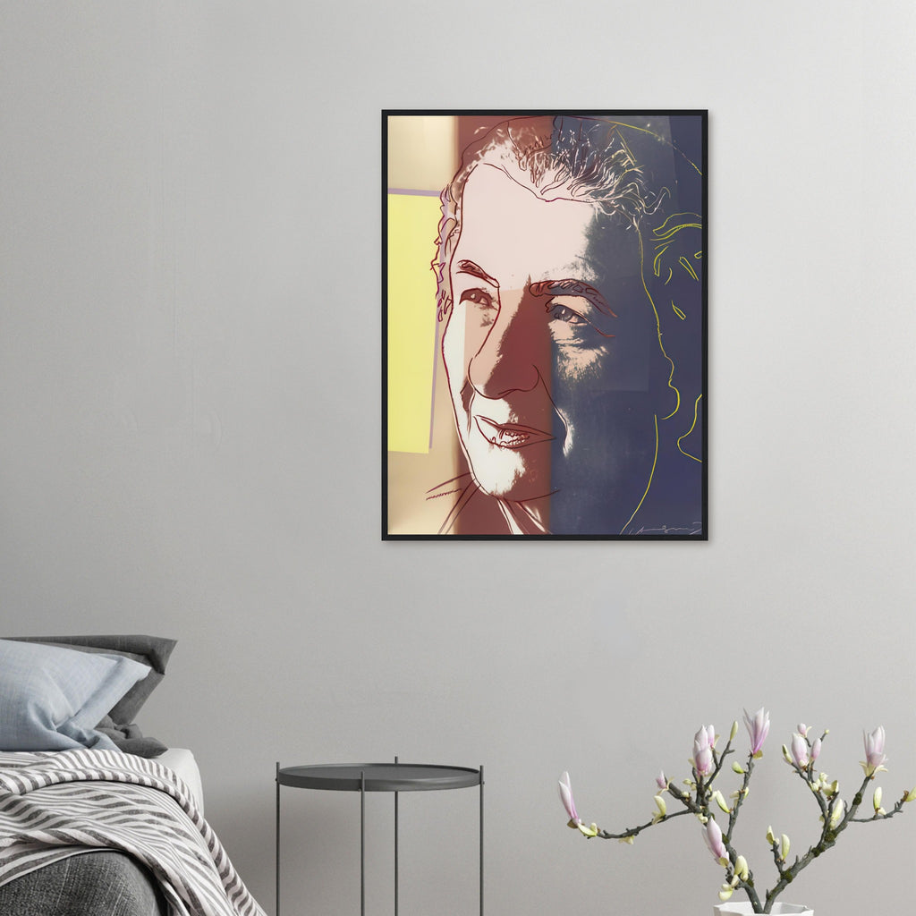 Andy Warhol framed print depicting the sitter’s recognizable face directs attention toward public image, personality and the graphic simplification of photographic portraiture