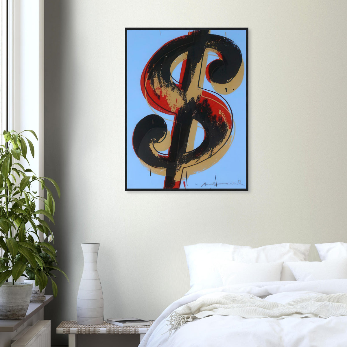 Andy Warhol framed print depicting the repeated or isolated currency mark operates like a logo: simple, recognizable and assertive