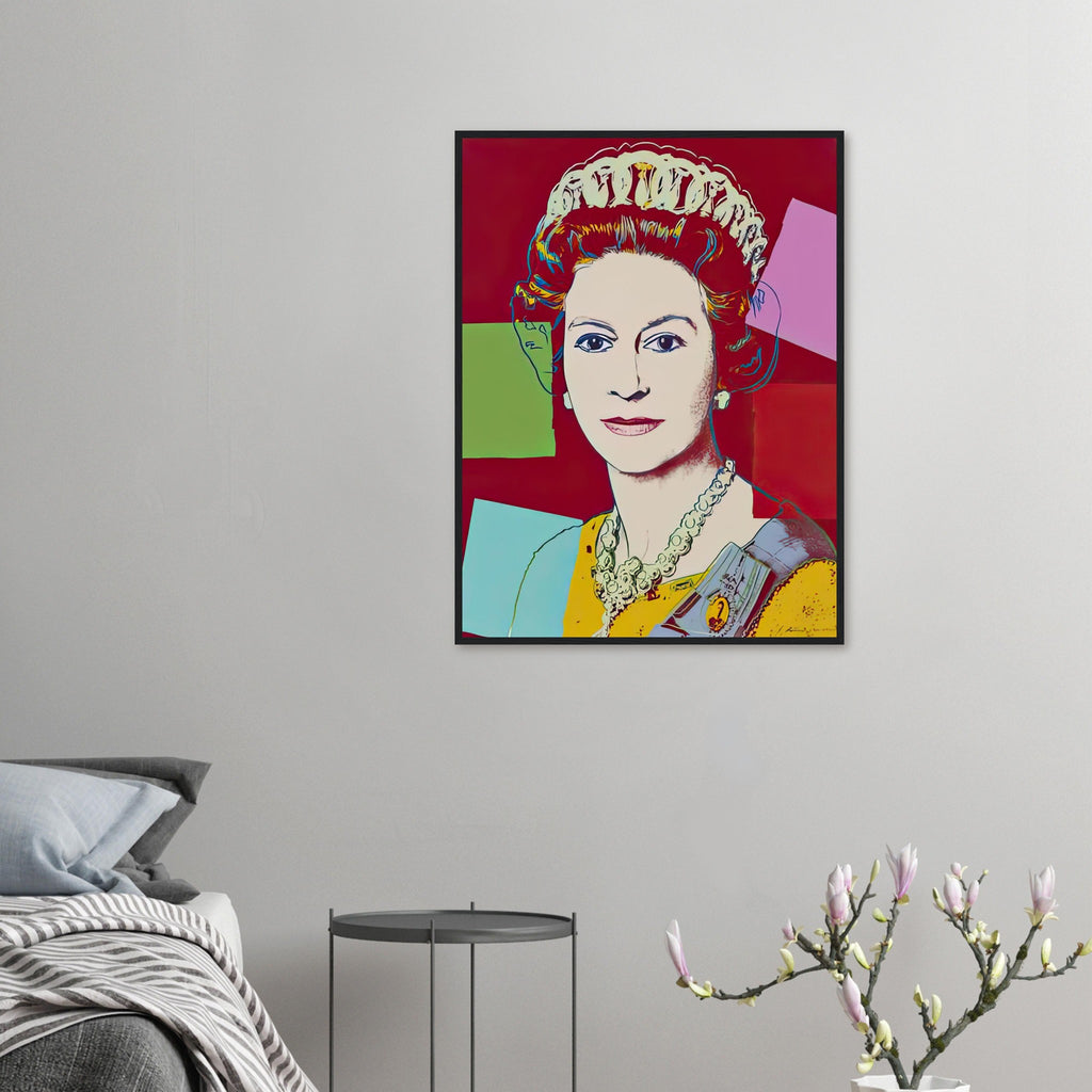 Andy Warhol framed print depicting this work depicts Queen Elizabeth II of the United Kingdom; The Reigning Queens portfolio presented four women who held ruling power in their own right: Elizabeth