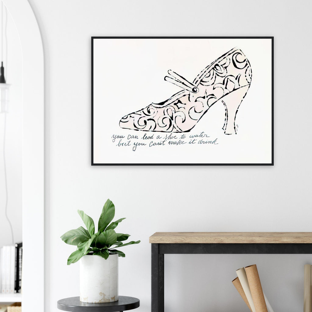 Andy Warhol framed print depicting playfully drawn footwear with expressive line work, a detail that connects the composition to its broader artistic subject