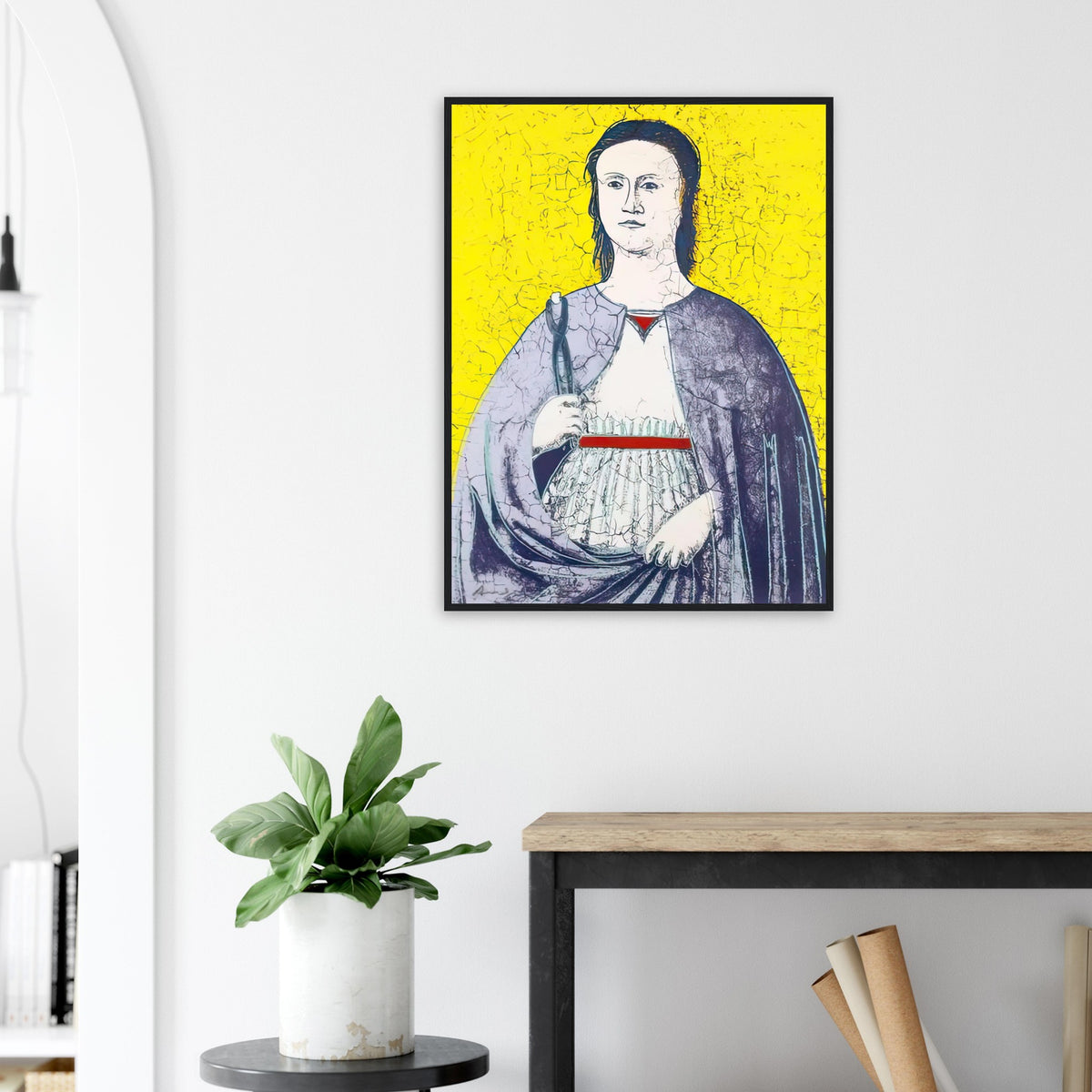 Andy Warhol framed print depicting the saint’s solemn presence, her symbolic attribute and the cracked appearance of the source painting remain visible; Warhol’s Saint Apollonia portfolio draws upon a Renaissance devotional image associated with Piero della