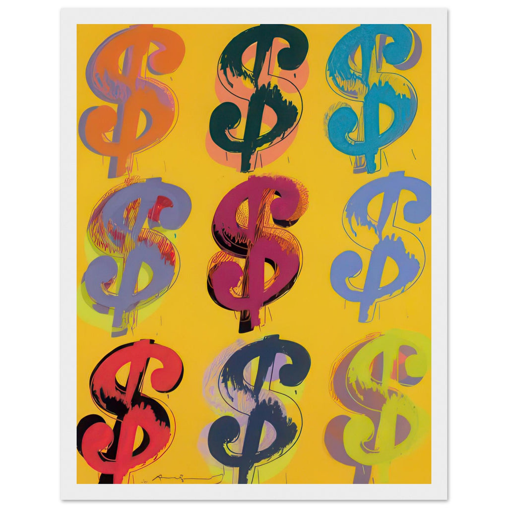 Andy Warhol framed print depicting the repeated or isolated currency mark operates like a logo: simple, recognizable and assertive, white frame, 27x35 cm / 11x14″