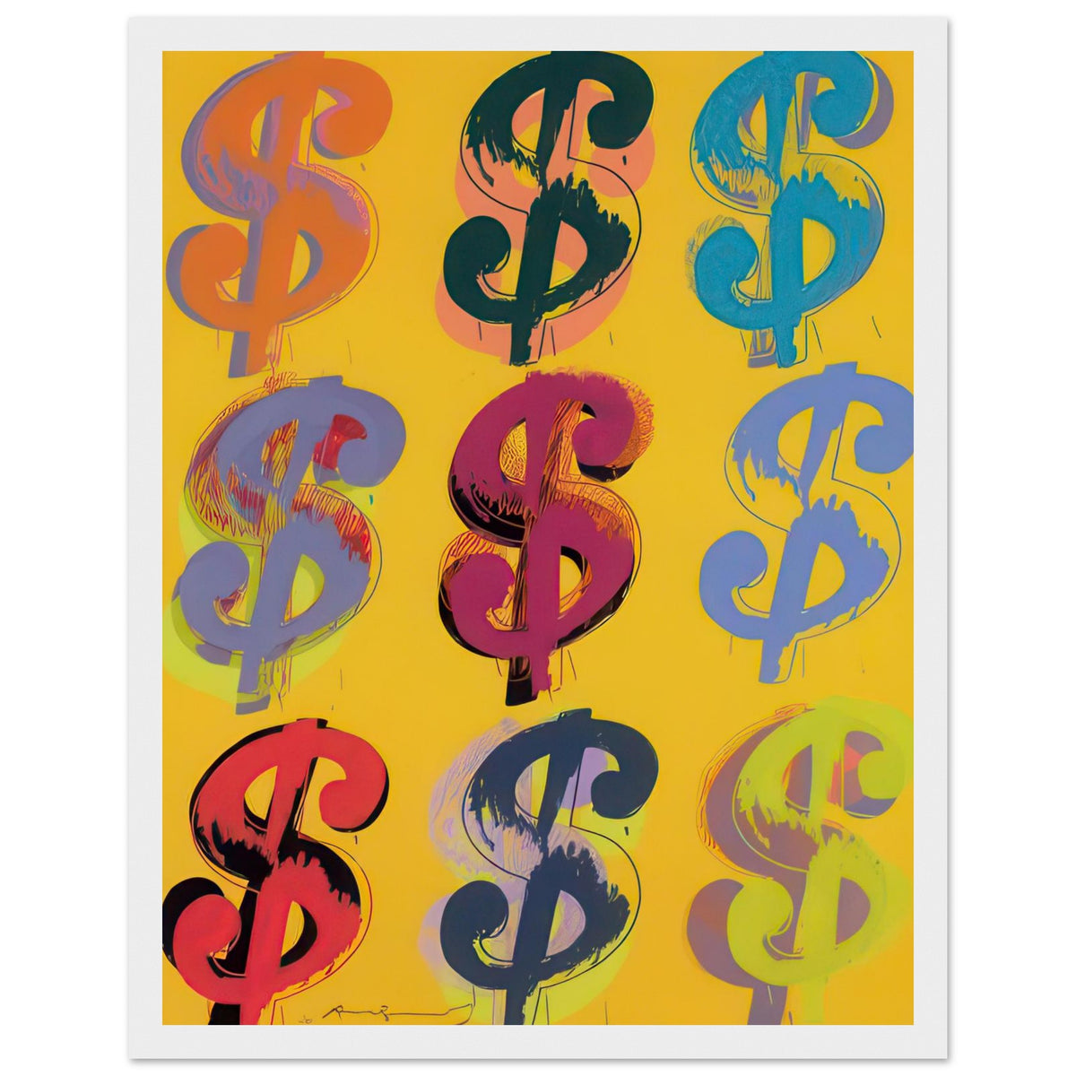 Andy Warhol framed print depicting the repeated or isolated currency mark operates like a logo: simple, recognizable and assertive, white frame, 27x35 cm / 11x14″