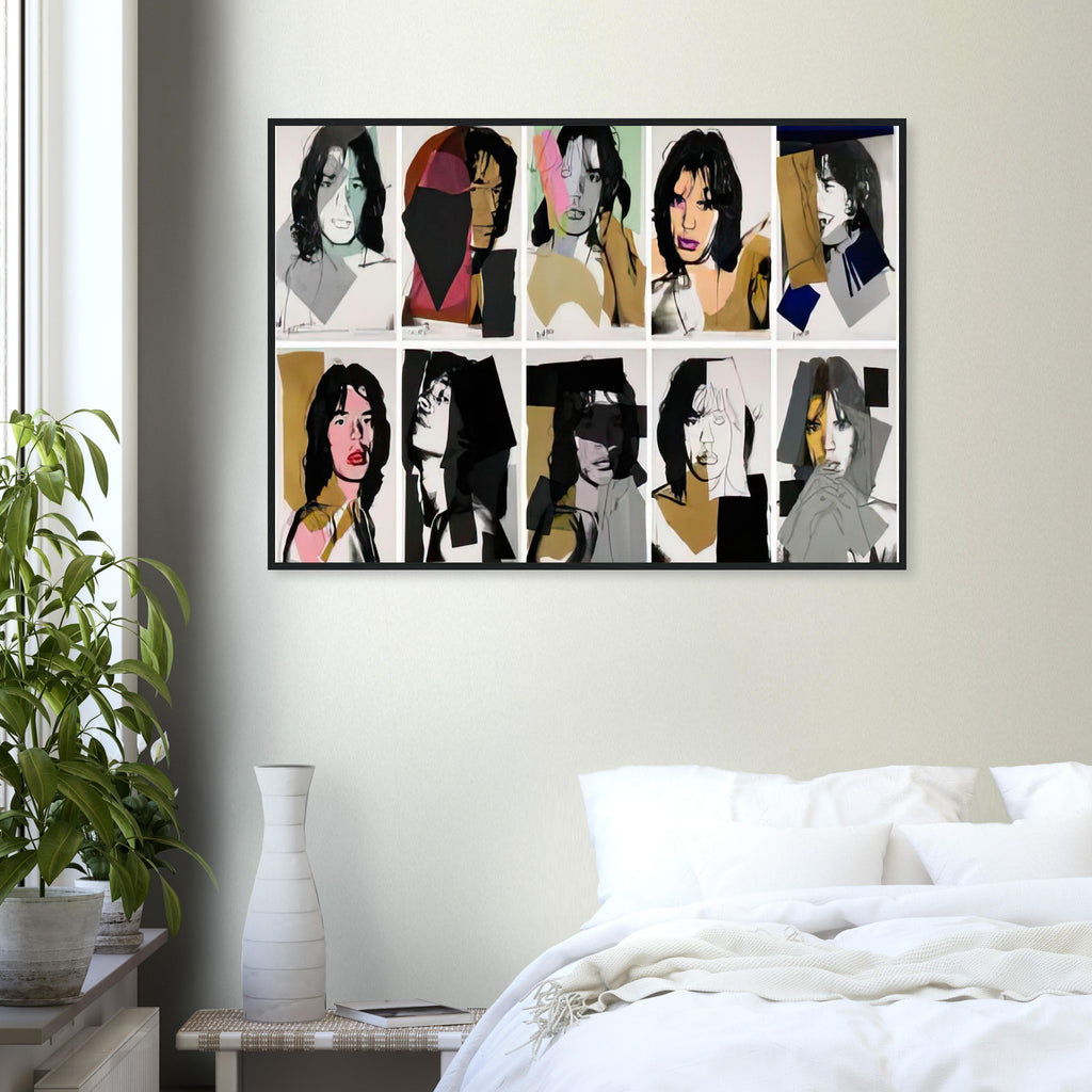 Andy Warhol framed print depicting close-up rock-star portraiture and layered graphic contours, a detail that connects the composition to its broader artistic subject
