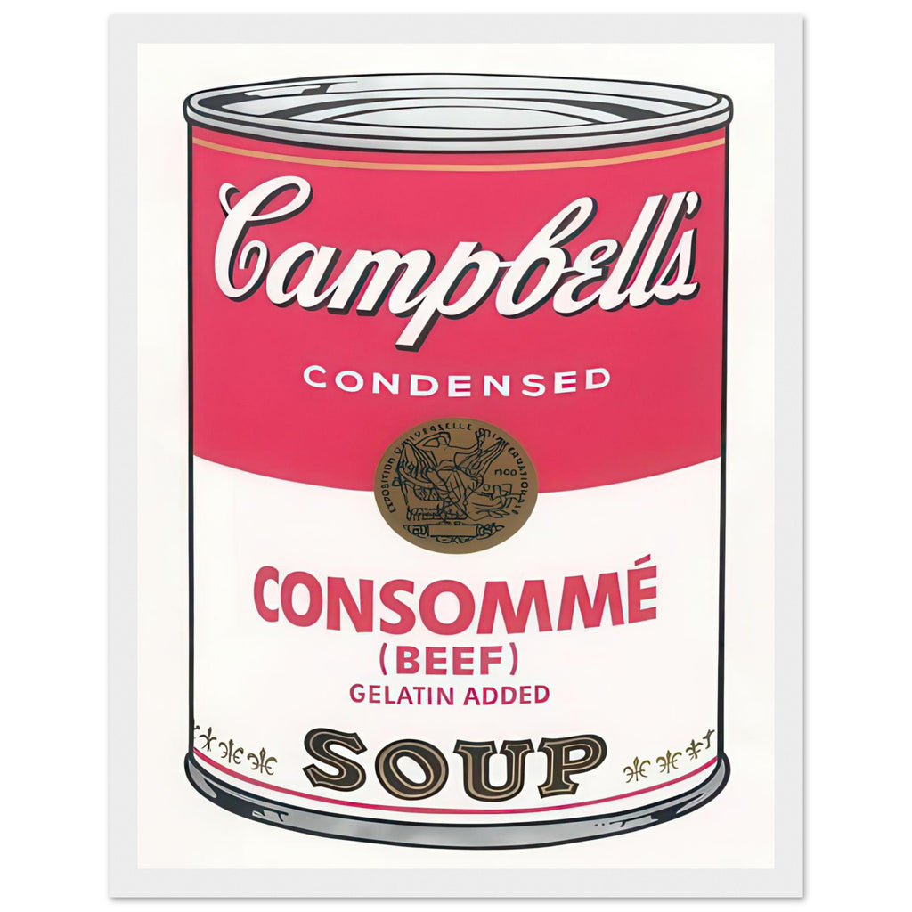Andy Warhol framed print depicting the instantly legible soup-can silhouette, packaging lettering and product name create a highly recognizable commercial composition, white frame, 27x35 cm / 11x14″