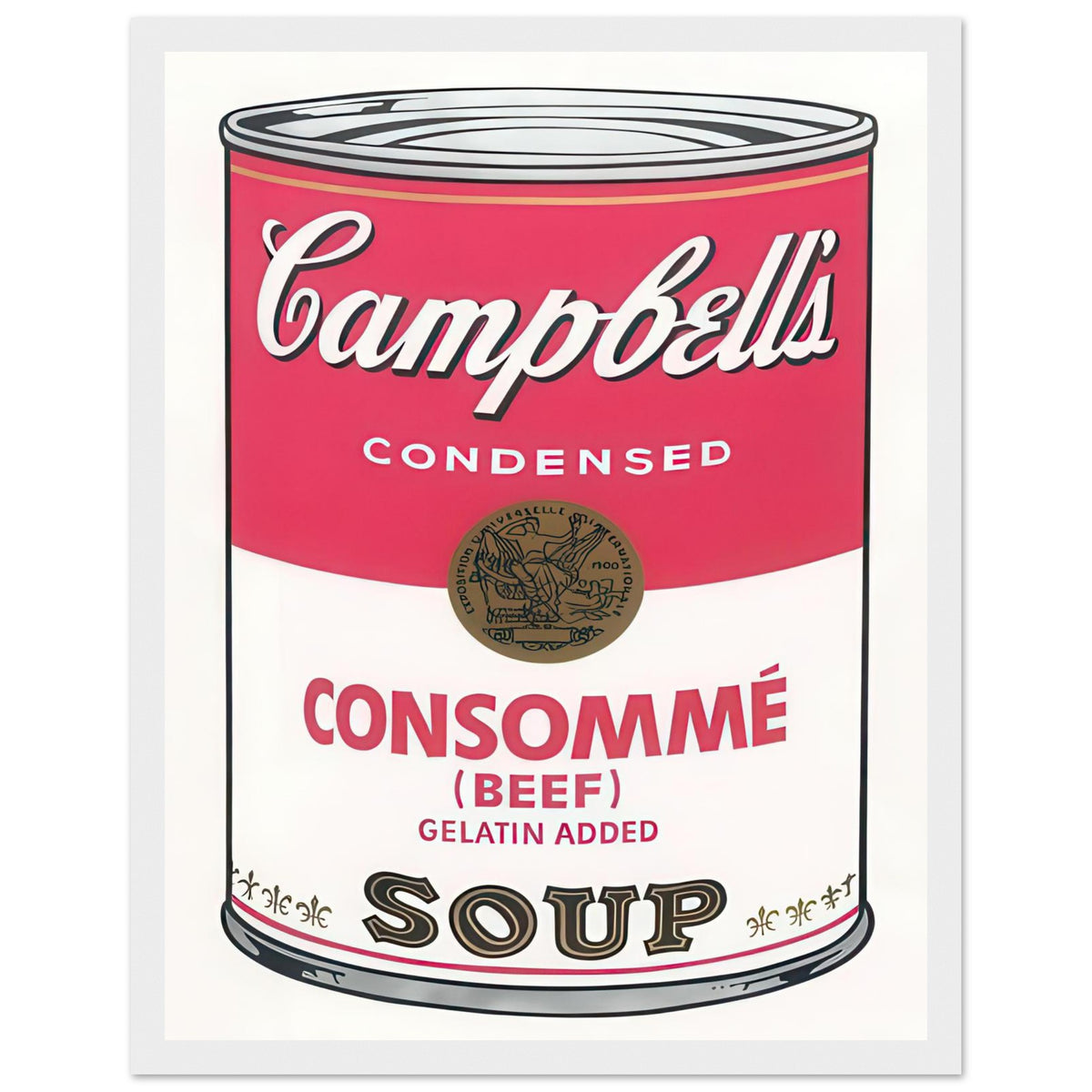 Andy Warhol framed print depicting the instantly legible soup-can silhouette, packaging lettering and product name create a highly recognizable commercial composition, white frame, 27x35 cm / 11x14″