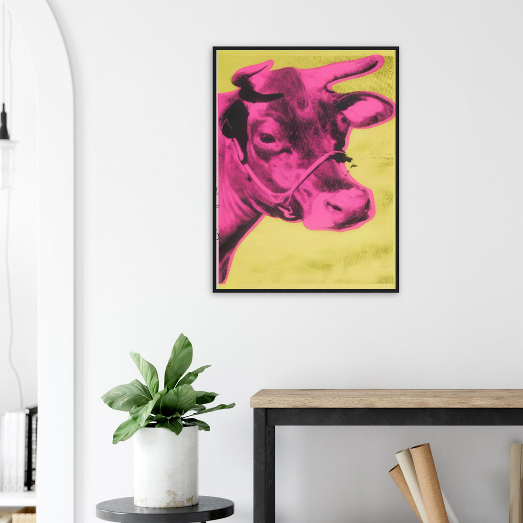 Andy Warhol framed print depicting the cow’s face becomes a bold graphic presence, replacing the gentle mood of traditional animal painting with irreverent visual impact