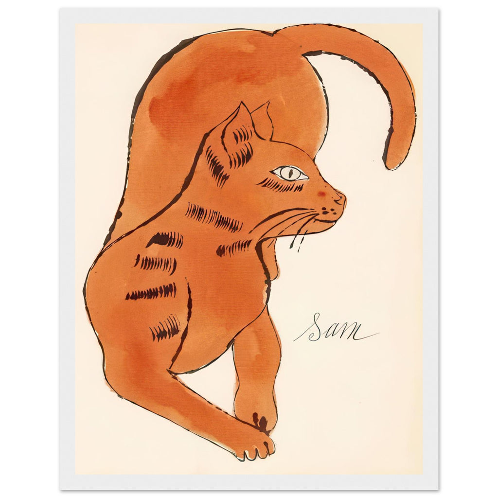 Andy Warhol framed print depicting a spare contour drawing gives the animal its personality, while uncomplicated forms keep the focus on the cat’s outline and pose, white frame, 27x35 cm / 11x14″