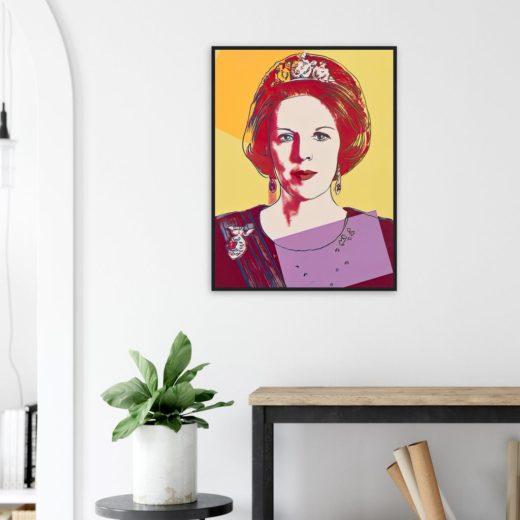 Andy Warhol framed print depicting this work depicts Queen Beatrix of the Netherlands; The Reigning Queens portfolio presented four women who held ruling power in their own right: Elizabeth