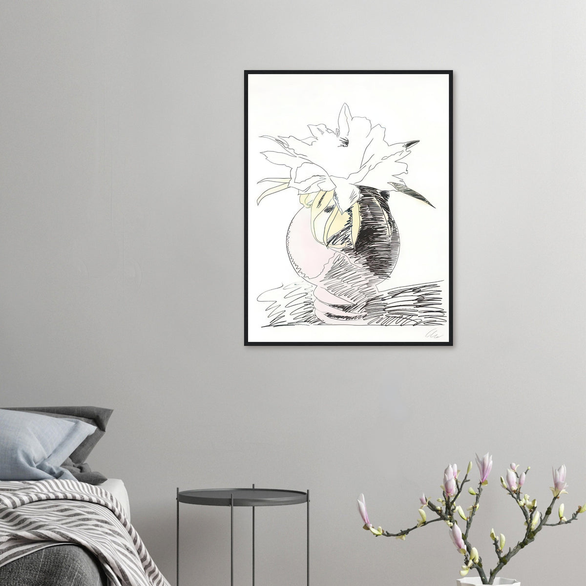 Andy Warhol framed print depicting the design highlights the relationship between compact petals, organic contours and deliberately graphic printmaking marks