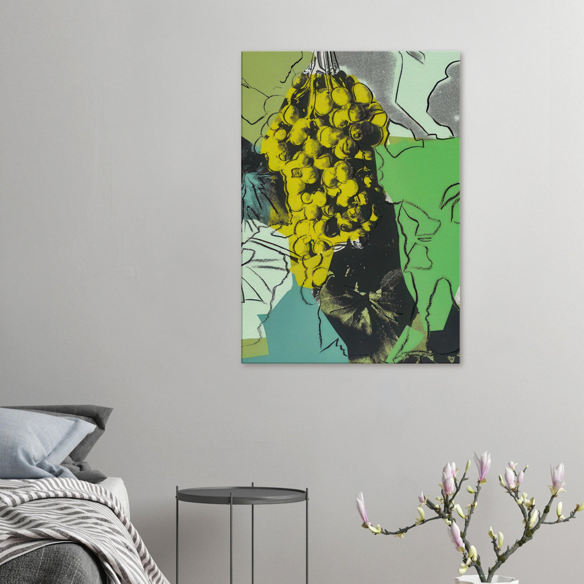 Andy Warhol canvas print depicting rounded grape forms and flowing stems provide a decorative rhythm, while the composition feels more graphic than naturalistic