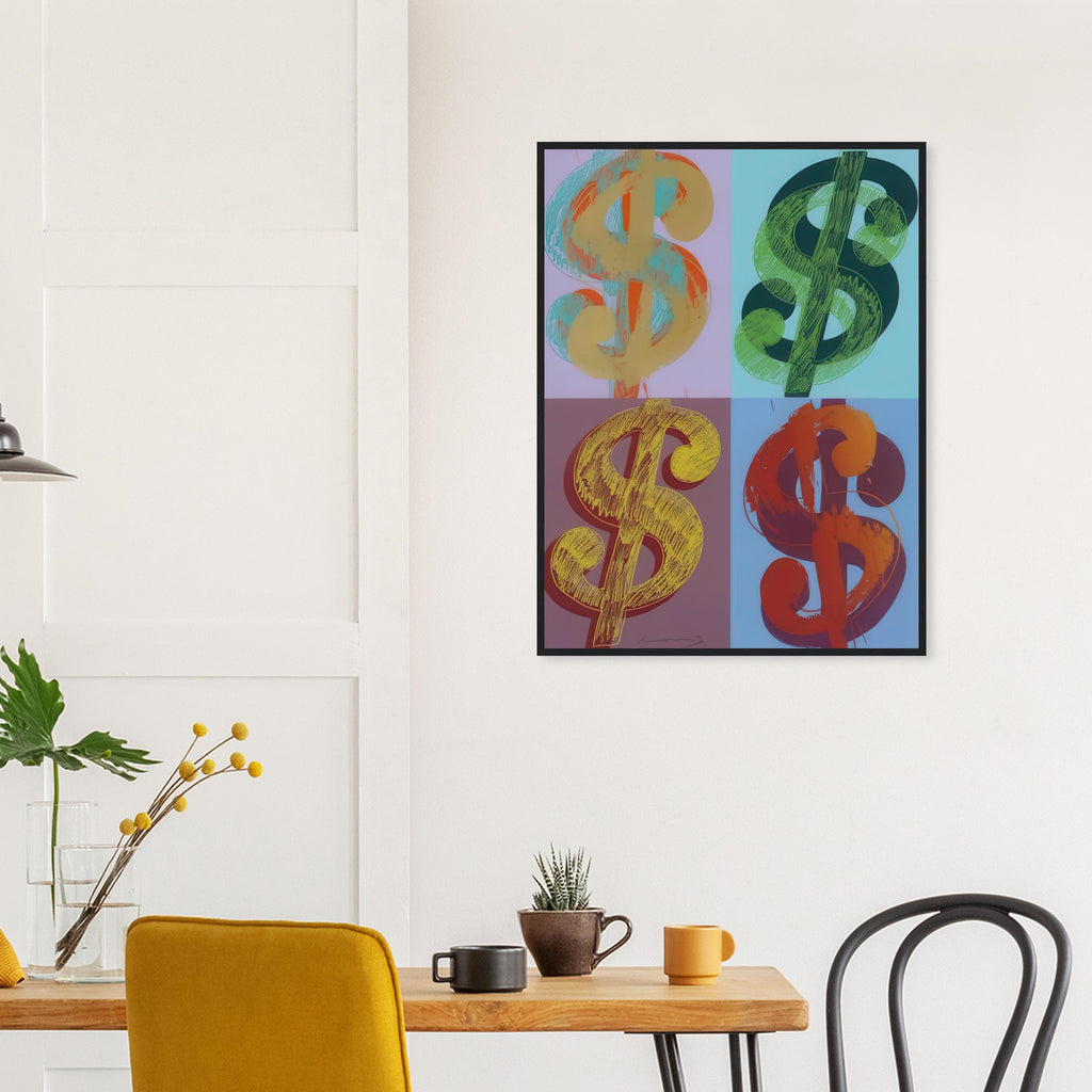 Andy Warhol framed print depicting the repeated or isolated currency mark operates like a logo: simple, recognizable and assertive