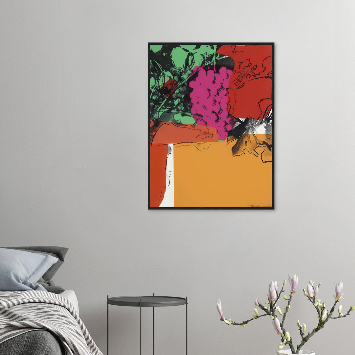 Andy Warhol framed print depicting rounded grape forms and flowing stems provide a decorative rhythm, while the composition feels more graphic than naturalistic