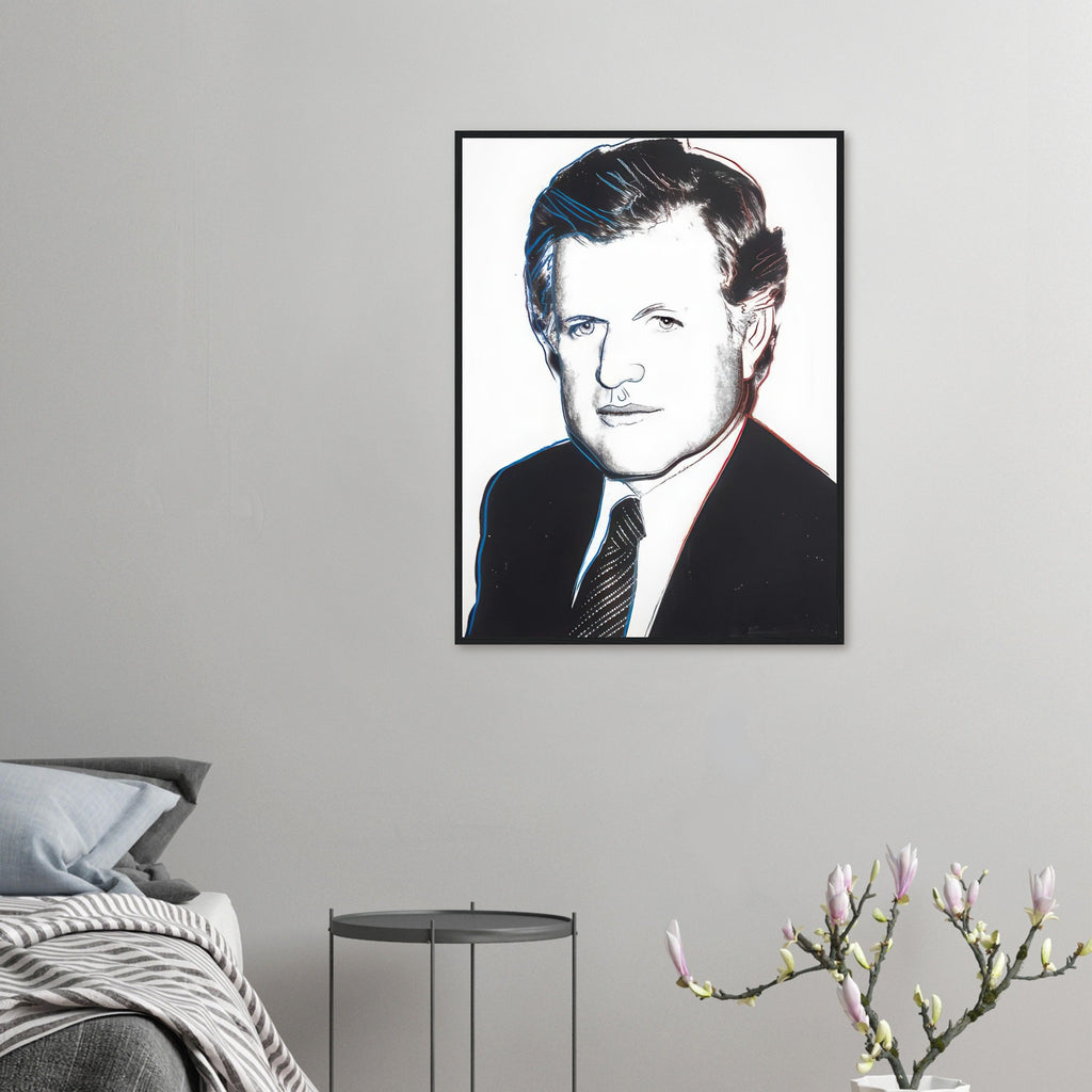 Andy Warhol framed print depicting the sitter’s recognizable face directs attention toward public image, personality and the graphic simplification of photographic portraiture