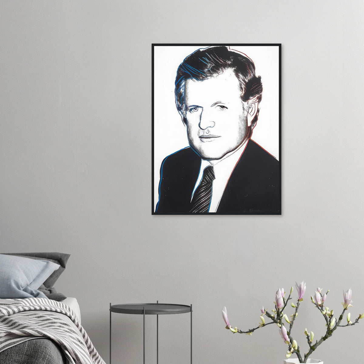 Andy Warhol framed print depicting the sitter’s recognizable face directs attention toward public image, personality and the graphic simplification of photographic portraiture