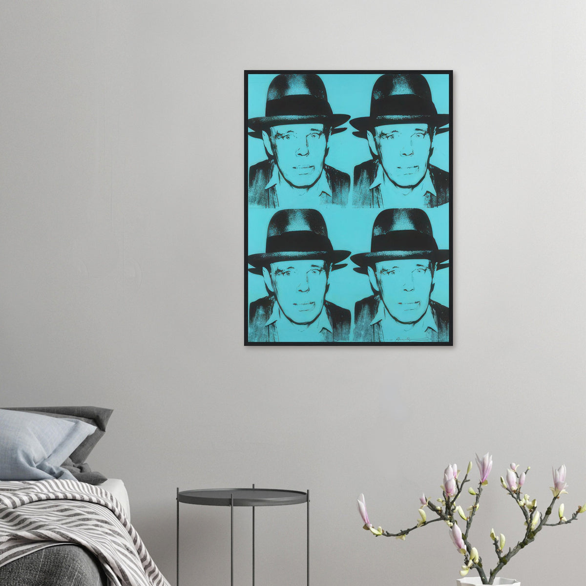 Andy Warhol framed print depicting a 2-by-2 arrangement repeats the felt-hatted face; black forms sit against cyan blue, producing a relatively restrained portrait; Warhol portrayed fellow artist Joseph Beuys after photographing him in 1979