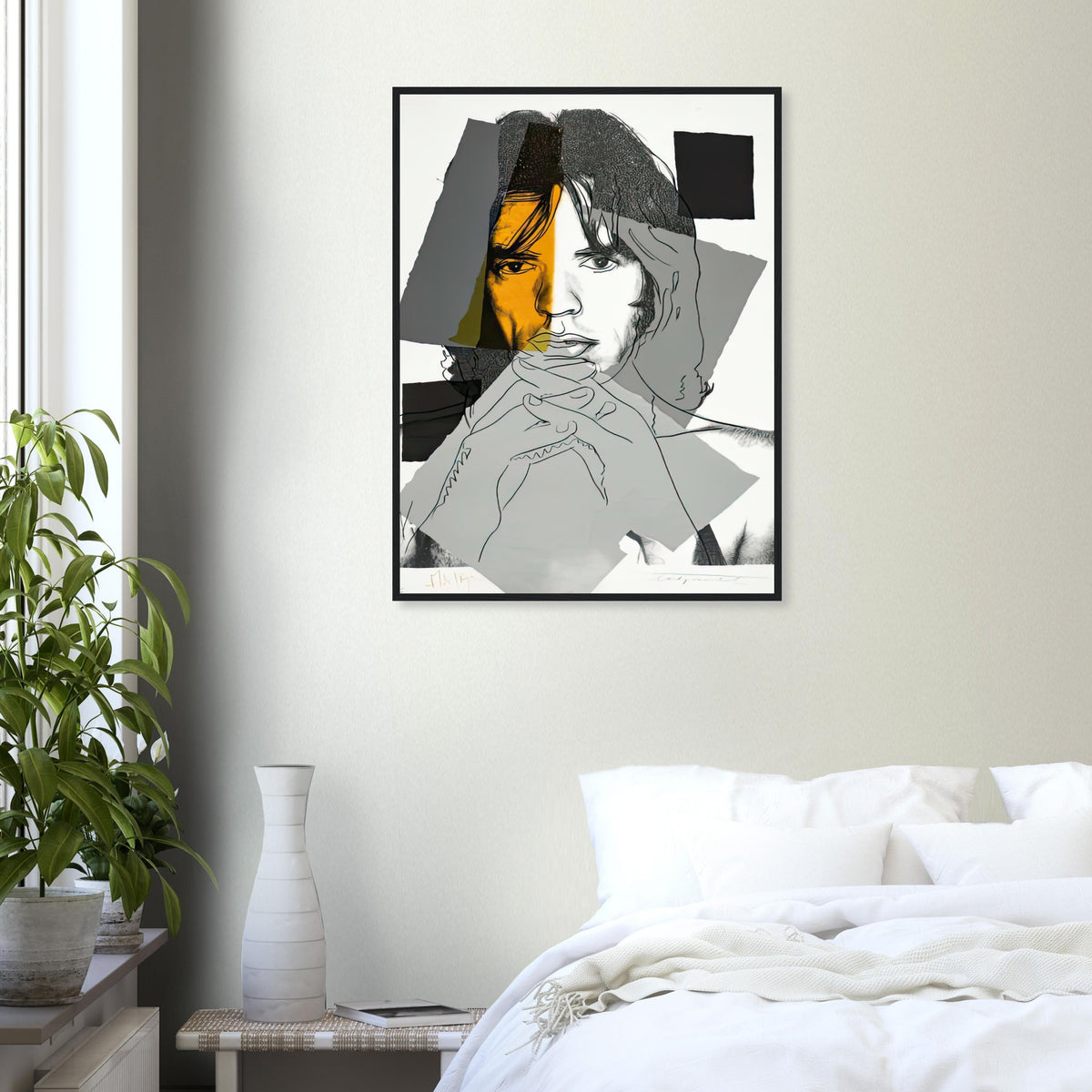 Andy Warhol framed print depicting photographic tones are interrupted by hand-drawn contours, selective colour blocks and cropped facial and bodily details; Warhol’s ten Mick Jagger portraits followed a long friendship with the Rolling Stones singer, including