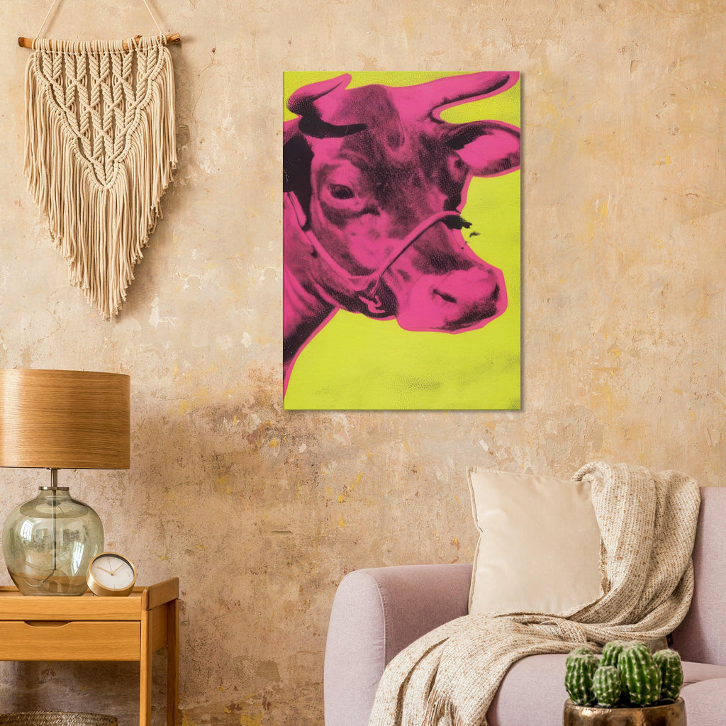 Andy Warhol canvas print depicting the cow’s face becomes a bold graphic presence, replacing the gentle mood of traditional animal painting with irreverent visual impact