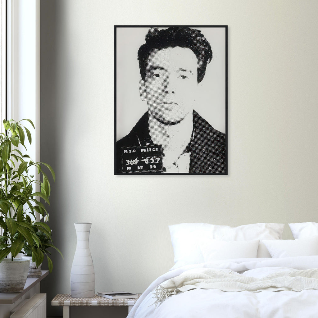 Andy Warhol framed print depicting an identification slate pinned to the young man’s jacket reveals the image as a mugshot rather than a glamorous portrait; John Joseph H No