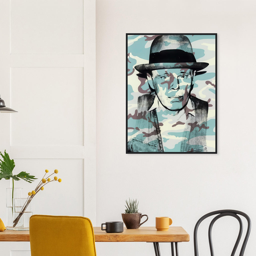 Andy Warhol framed print depicting beuys faces the viewer wearing his characteristic brimmed felt hat; Warhol portrayed fellow artist Joseph Beuys after photographing him in 1979