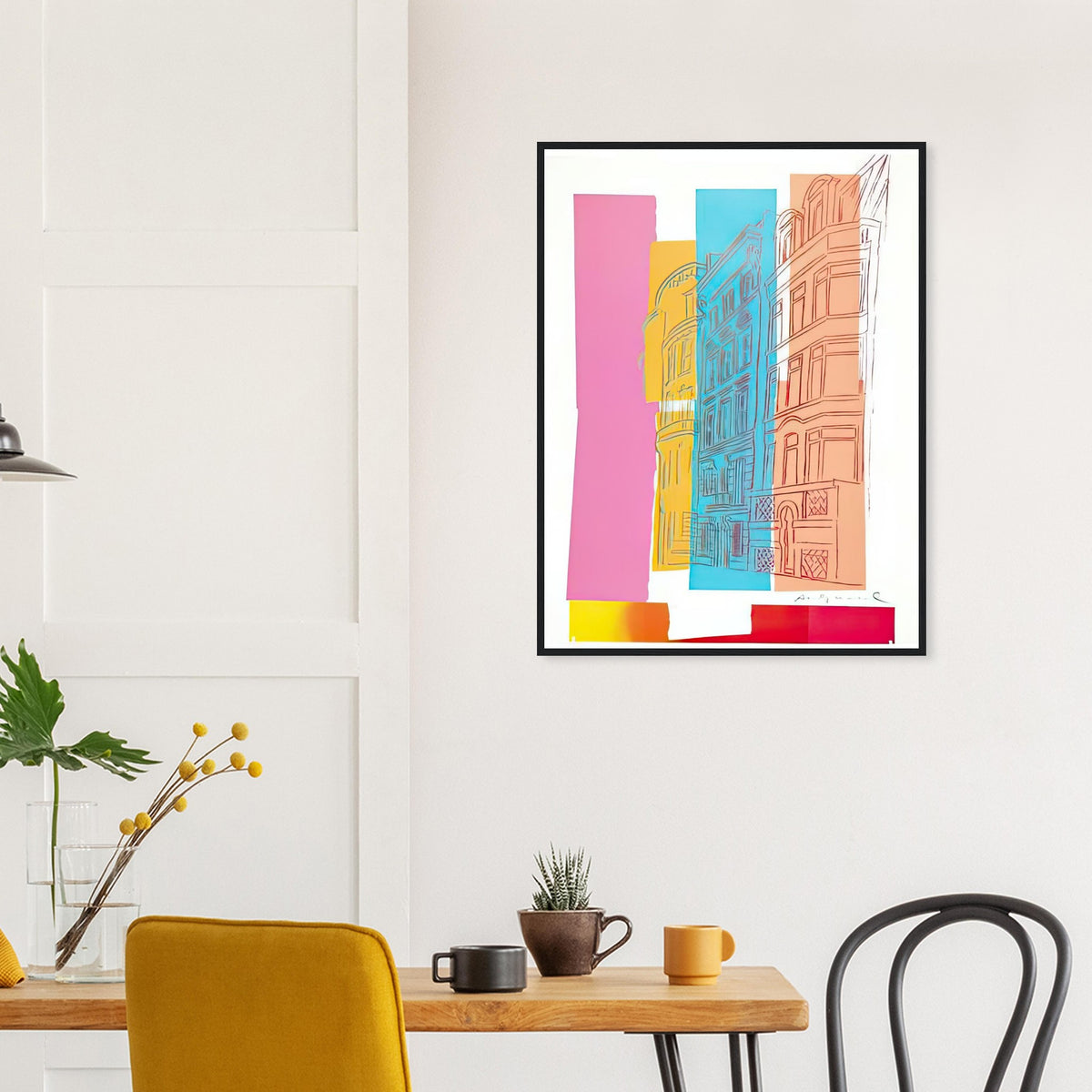 Andy Warhol framed print depicting sketched high-rise buildings are crossed by pink, blue and orange colour fields in a collage-like street scene; Viewpoint belongs to Warhol’s later experiments with drawing and unconventional subjects