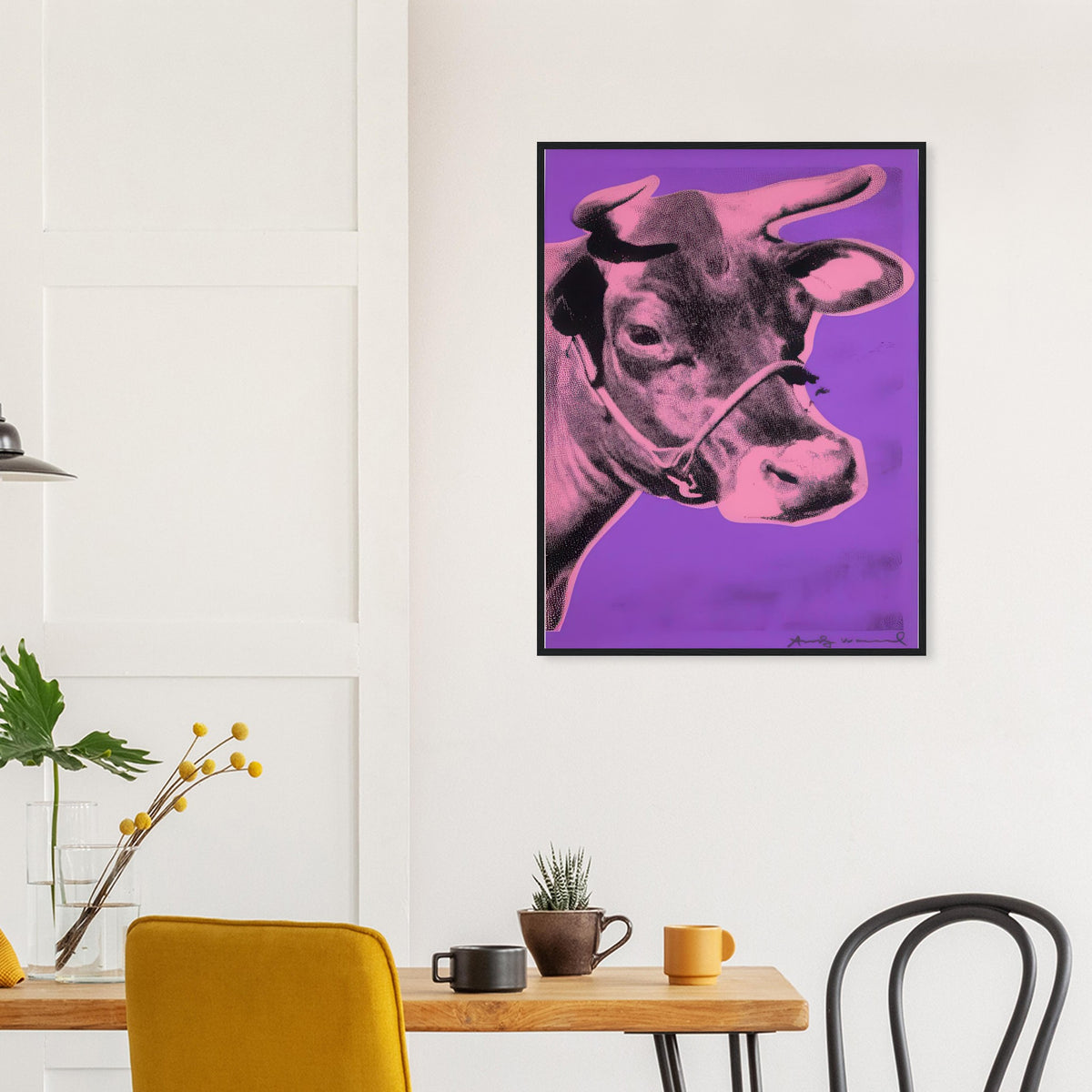 Andy Warhol framed print depicting the cow’s face becomes a bold graphic presence, replacing the gentle mood of traditional animal painting with irreverent visual impact