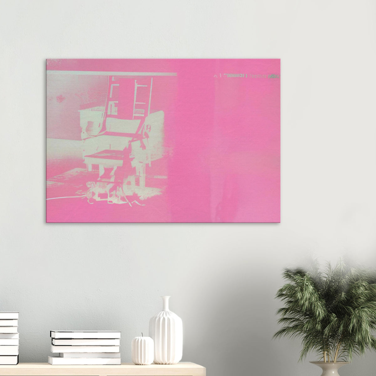 Andy Warhol canvas print depicting the stark chair, its surroundings and the tense emptiness of the room, a detail that connects the composition to its broader artistic subject