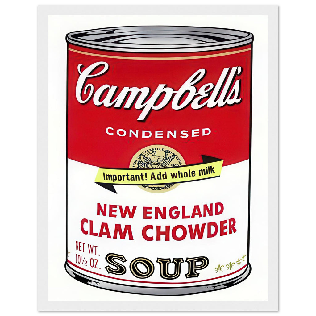 Andy Warhol framed print depicting the instantly legible soup-can silhouette, packaging lettering and product name create a highly recognizable commercial composition, white frame, 27x35 cm / 11x14″