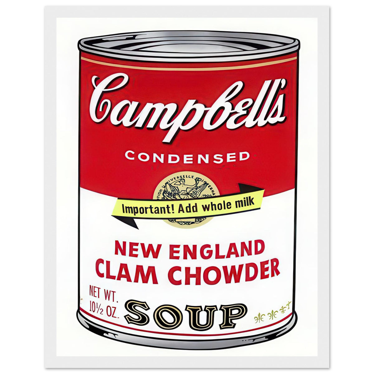 Andy Warhol framed print depicting the instantly legible soup-can silhouette, packaging lettering and product name create a highly recognizable commercial composition, white frame, 27x35 cm / 11x14″