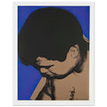 Andy Warhol framed print depicting ali lowers his head toward the left as cobalt blue frames the shoulders and face, making his expression partly hidden; The Muhammad Ali portfolio was developed from Warhol’s photographs of the celebrated boxer after sports, white frame, 27x35 cm / 11x14″