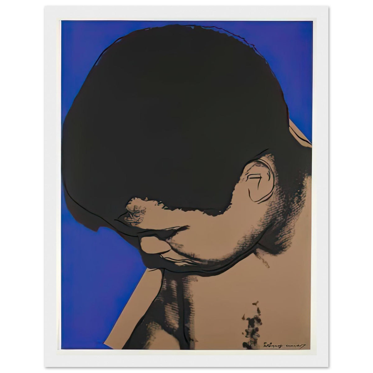 Andy Warhol framed print depicting ali lowers his head toward the left as cobalt blue frames the shoulders and face, making his expression partly hidden; The Muhammad Ali portfolio was developed from Warhol’s photographs of the celebrated boxer after sports, white frame, 27x35 cm / 11x14″