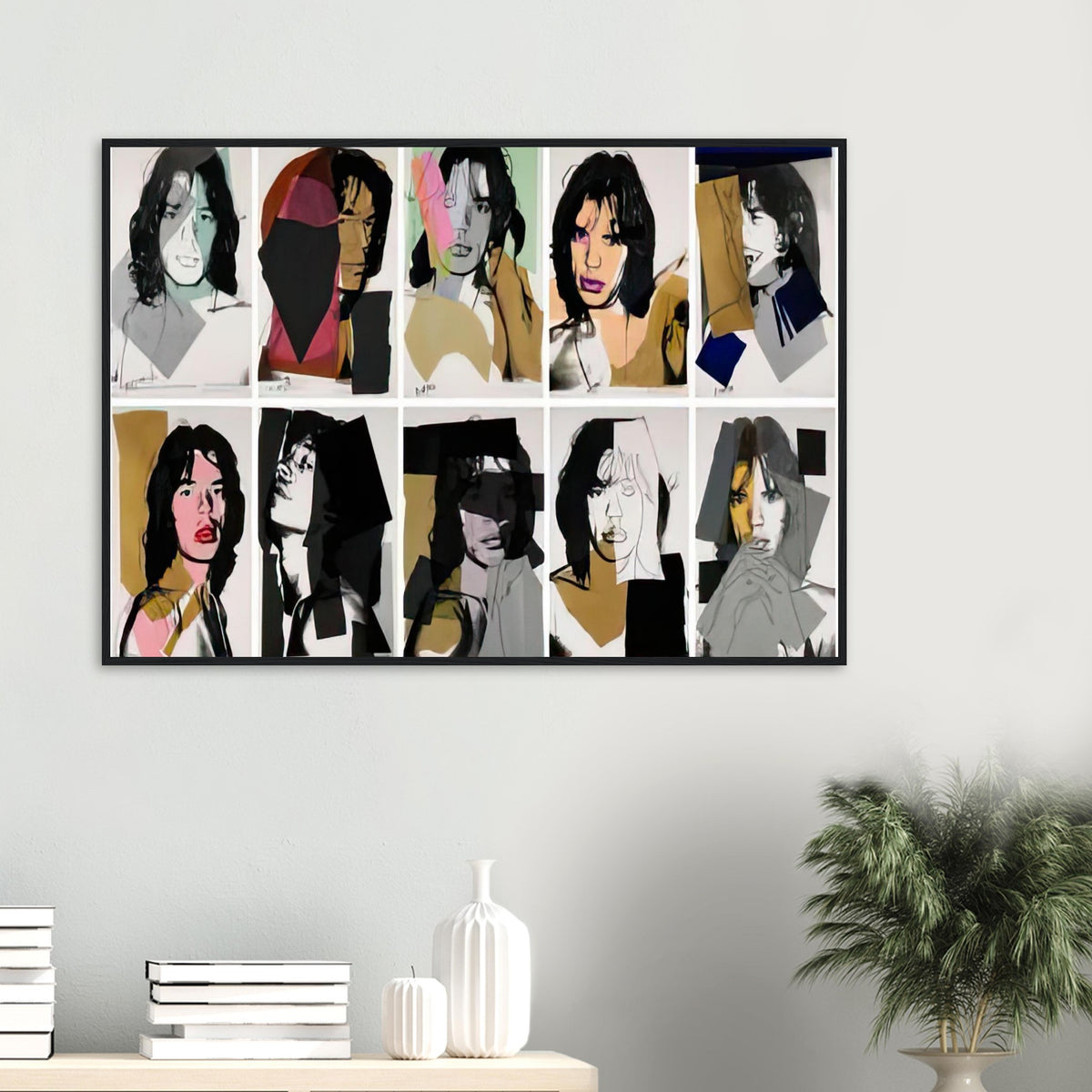 Andy Warhol framed print depicting close-up rock-star portraiture and layered graphic contours, a detail that connects the composition to its broader artistic subject