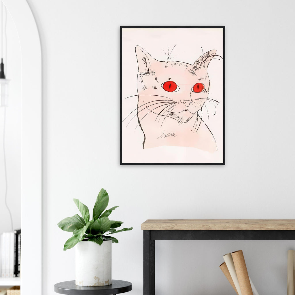 Andy Warhol framed print depicting a spare contour drawing gives the animal its personality, while uncomplicated forms keep the focus on the cat’s outline and pose