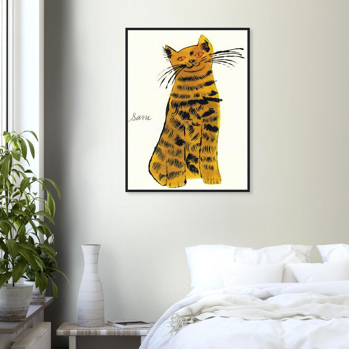 Andy Warhol framed print depicting a spare contour drawing gives the animal its personality, while uncomplicated forms keep the focus on the cat’s outline and pose