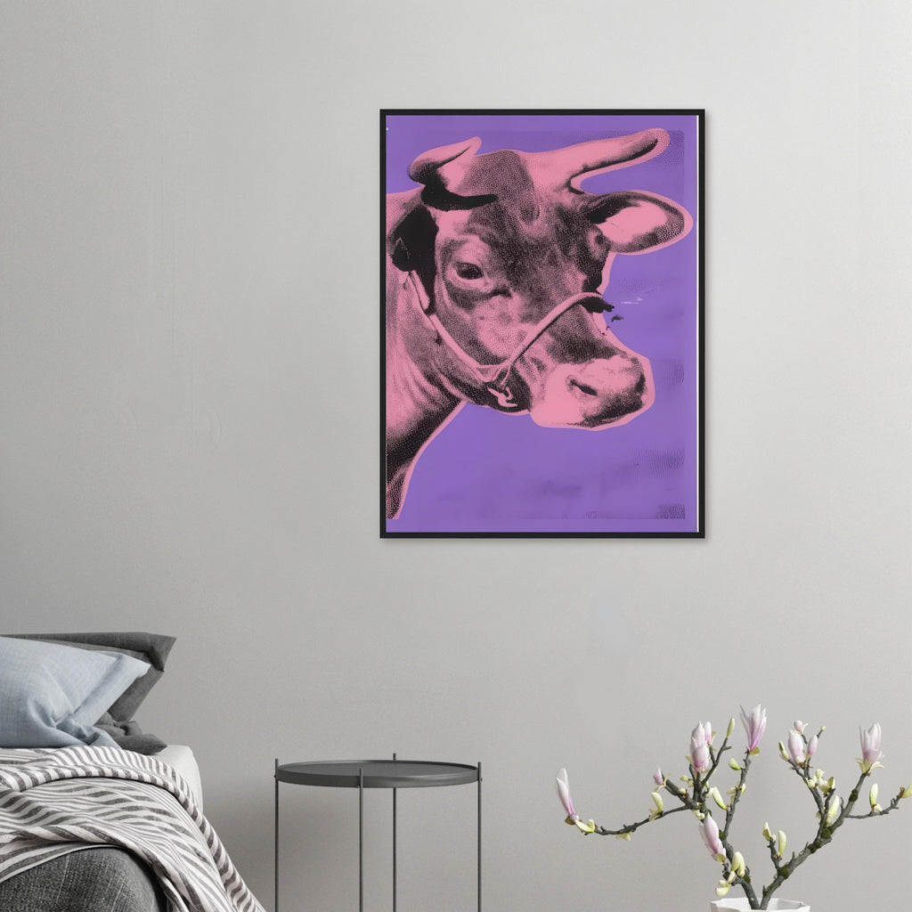 Andy Warhol framed print depicting the cow’s face becomes a bold graphic presence, replacing the gentle mood of traditional animal painting with irreverent visual impact