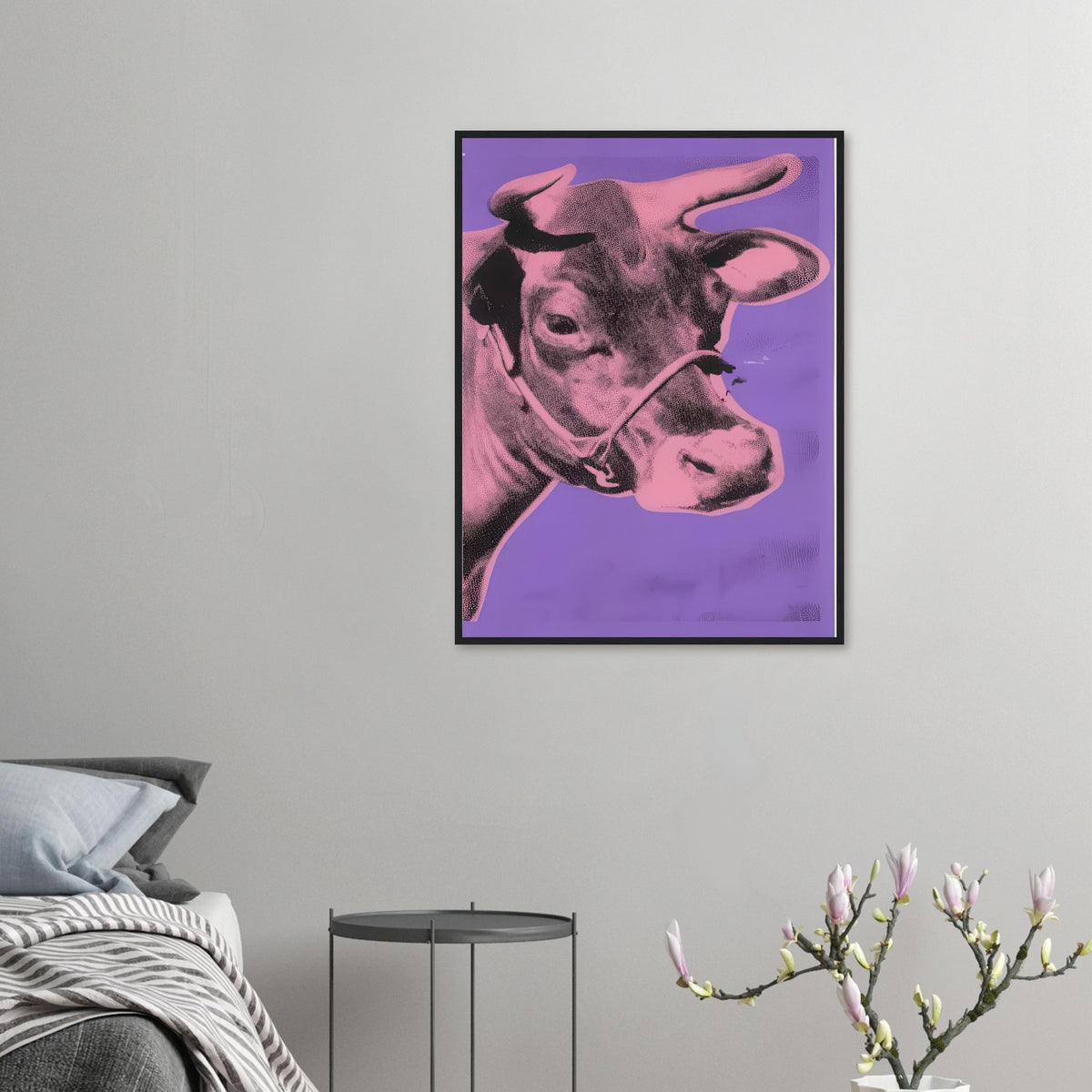 Andy Warhol framed print depicting the cow’s face becomes a bold graphic presence, replacing the gentle mood of traditional animal painting with irreverent visual impact