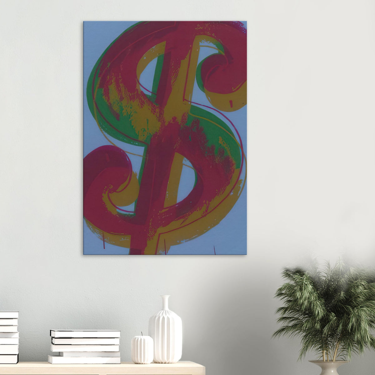 Andy Warhol canvas print depicting the repeated or isolated currency mark operates like a logo: simple, recognizable and assertive