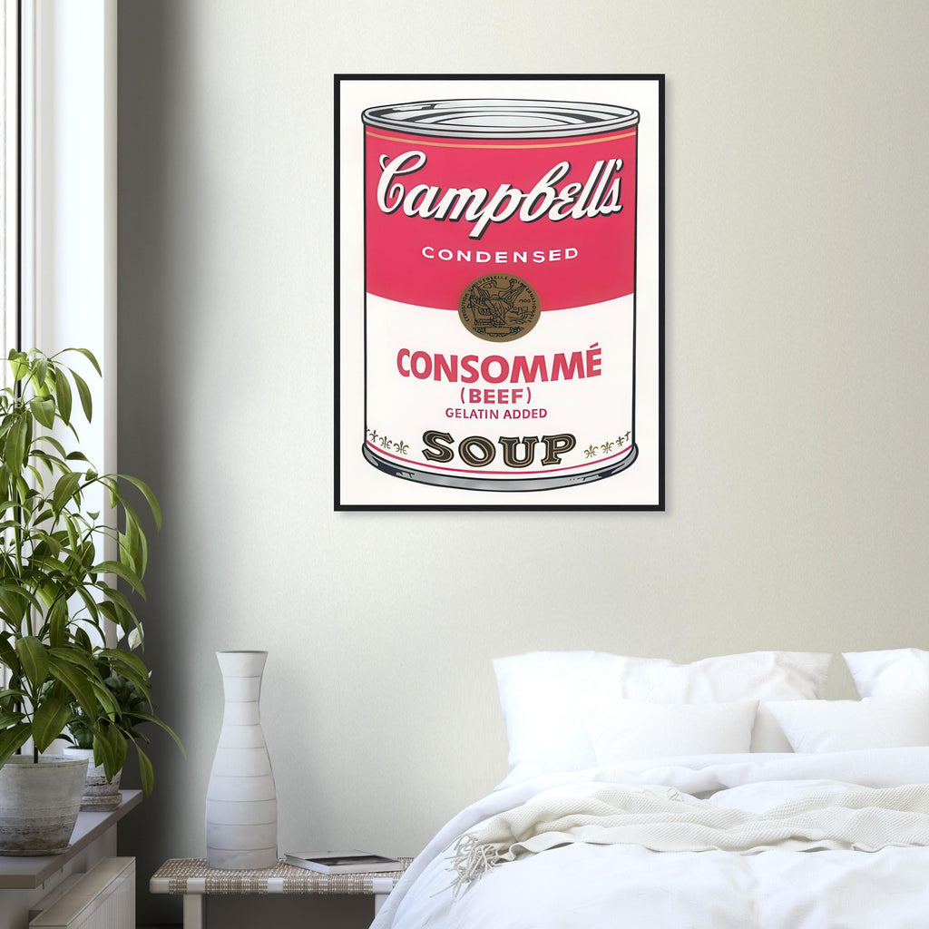 Andy Warhol framed print depicting the instantly legible soup-can silhouette, packaging lettering and product name create a highly recognizable commercial composition