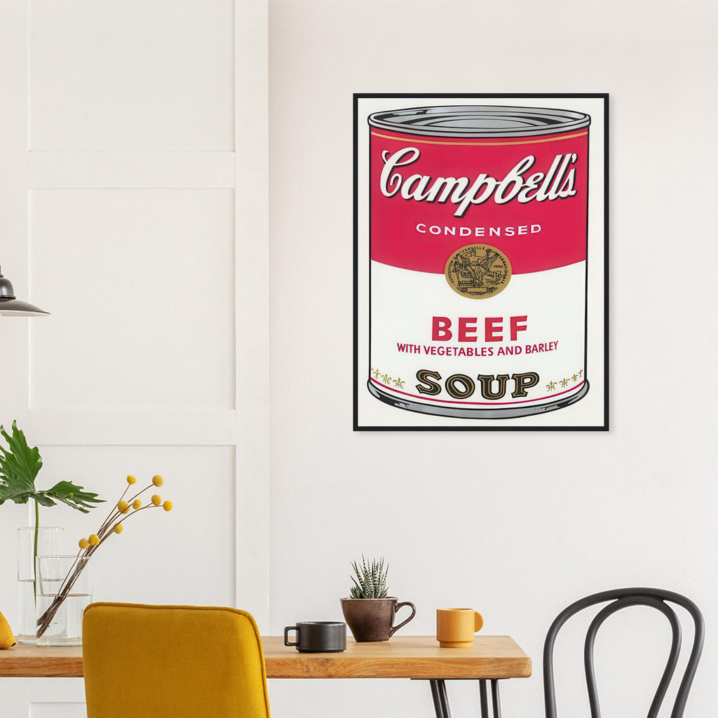Andy Warhol framed print depicting the instantly legible soup-can silhouette, packaging lettering and product name create a highly recognizable commercial composition