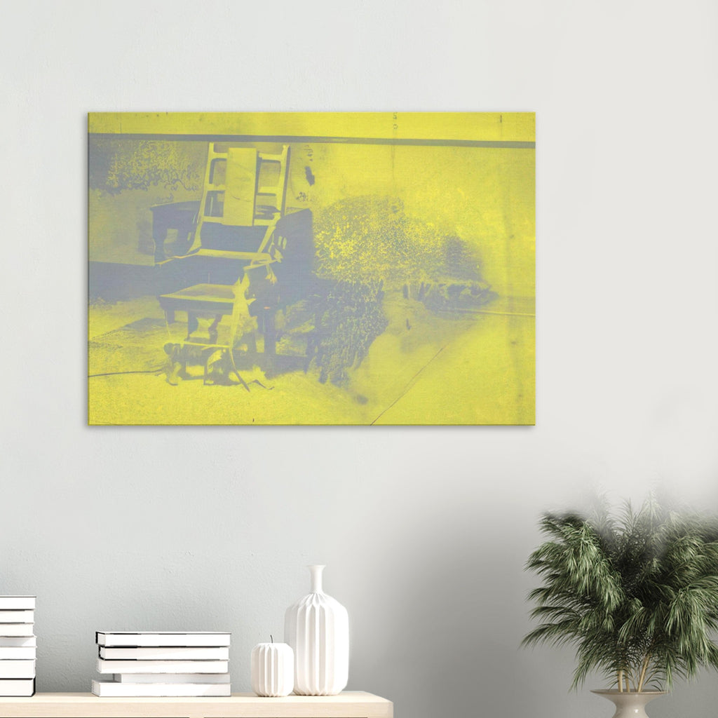Andy Warhol canvas print depicting the stark chair, its surroundings and the tense emptiness of the room, a detail that connects the composition to its broader artistic subject